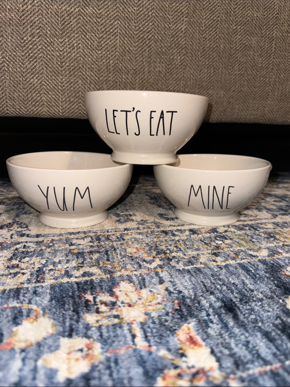 NWT RAE DUNN SET OF 3 ROUND WHITE CERAMIC CEREAL BOWLS DINNERWARE YUM LET’S EAT